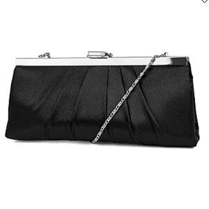 Jessica McClintock Purse Pleated Black Satin Silver Frame Clutch Evening Bag